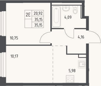 Планировка: 2-к, 35,2 м²