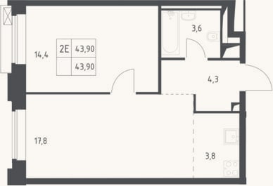 Планировка: 2-к, 43,9 м²