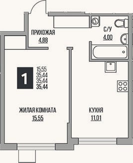 Планировка: 2-к, 35,4 м²