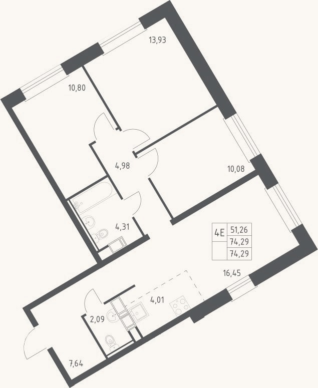 Планировка: 4+ к, 74,3 м²