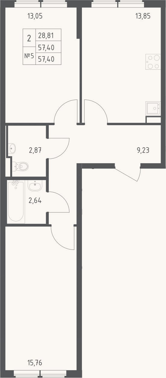 Планировка: 2-к, 57,4 м²