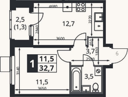 Планировка: 1-к, 31,4 м²