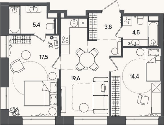 Планировка: 3-к, 65,2 м²