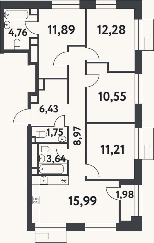 Планировка: 3-к, 87,5 м²