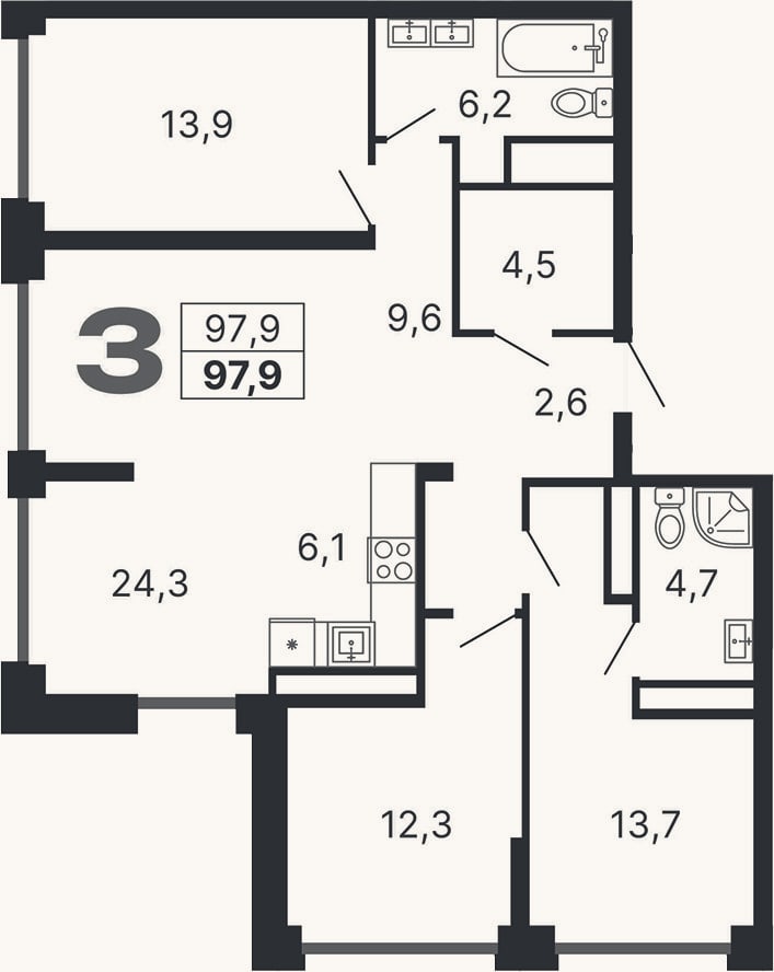Планировка: 4+ к, 97,9 м²