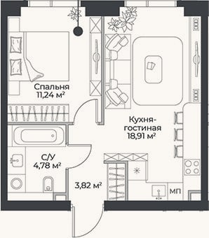 Планировка: 2-к, 38,8 м²
