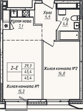 Планировка: 2-к, 45,4 м²