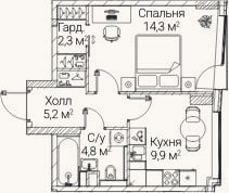 Планировка: 1-к, 36,5 м²