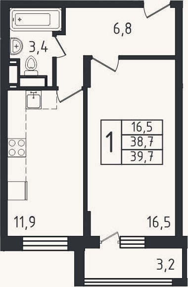 Планировка: 1-к, 38,7 м²