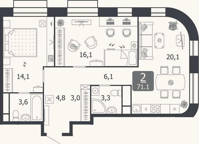 Планировка: 3-к, 71,1 м²