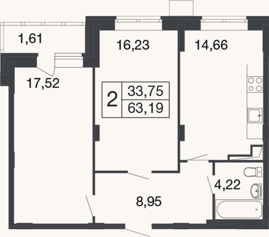 Планировка: 2-к, 61,6 м²