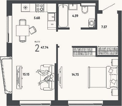 Планировка: 2-к, 47,7 м²