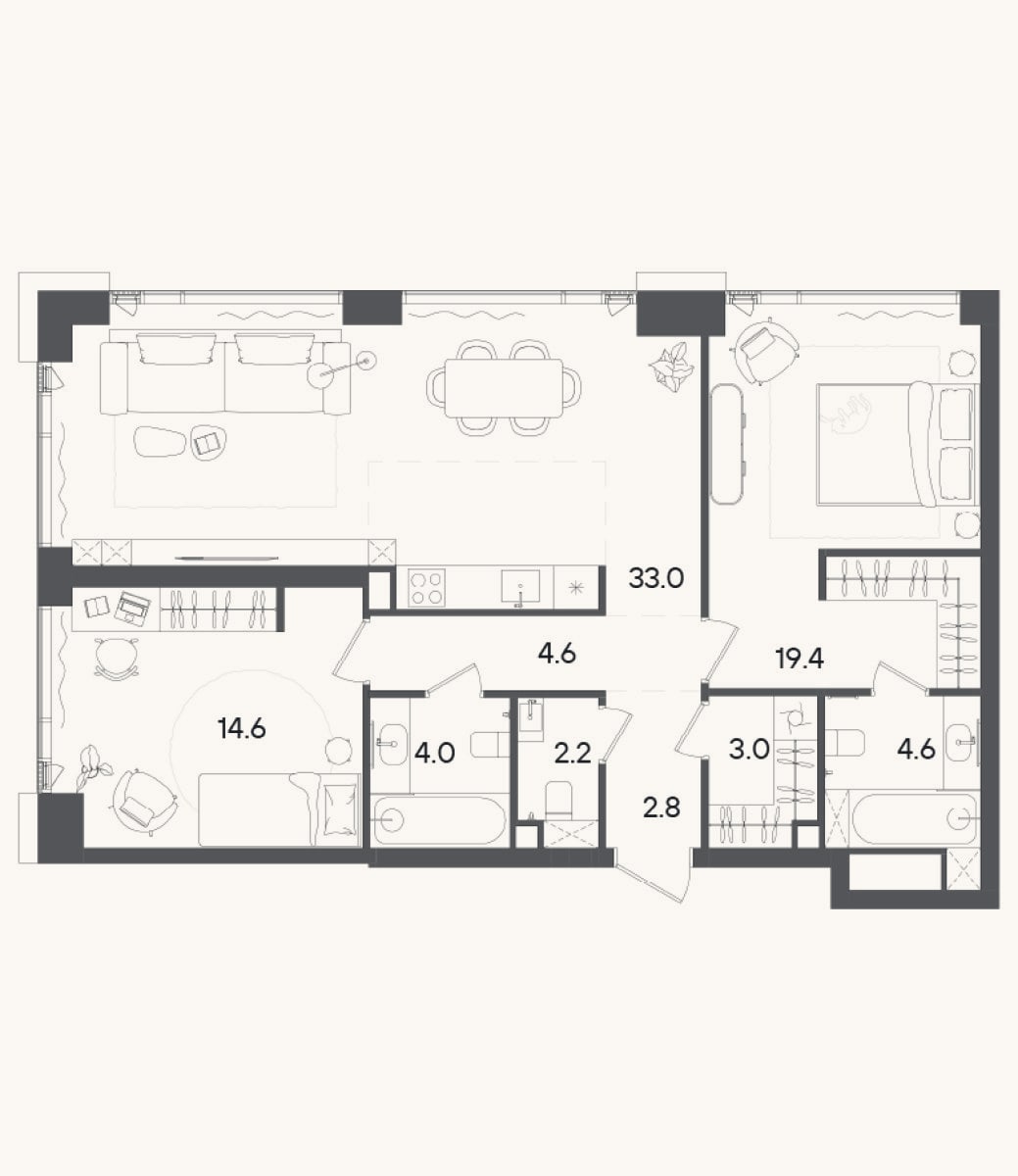 Планировка: 3-к, 88,2 м²