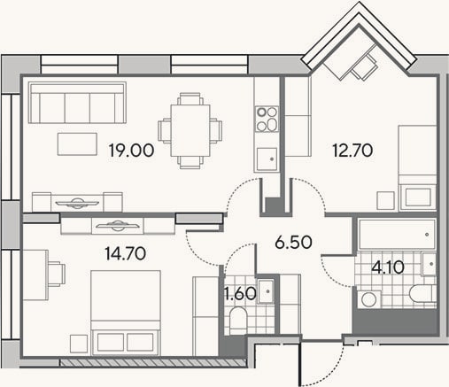 Планировка: 3-к, 58,6 м²