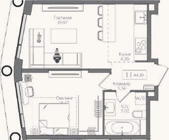 Планировка: 2-к, 44,1 м²