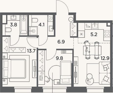 Планировка: 3-к, 56,4 м²