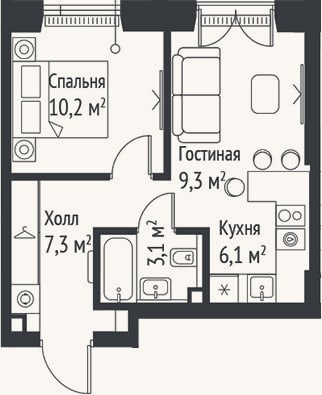 Планировка: 2-к, 36 м²
