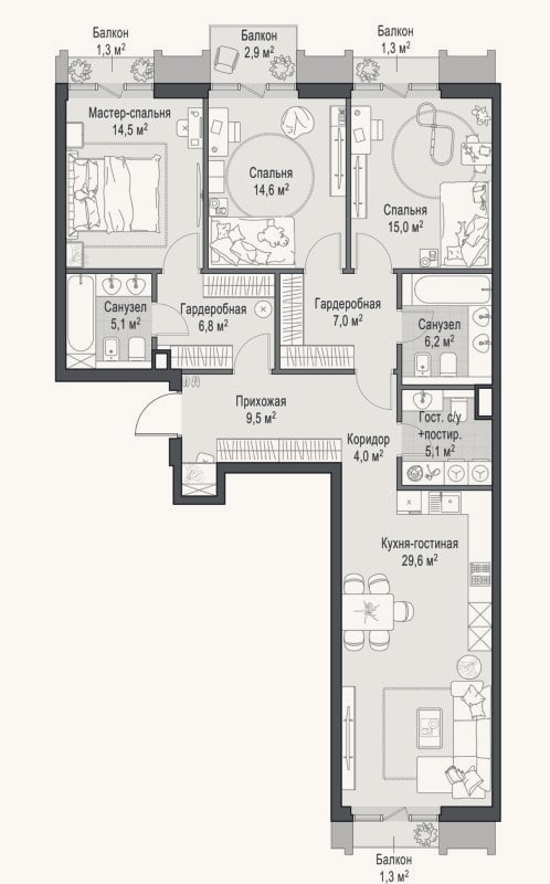 Планировка: 4+ к, 119,8 м²