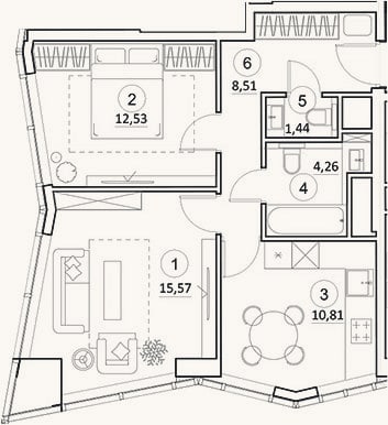 Планировка: 2-к, 53,1 м²