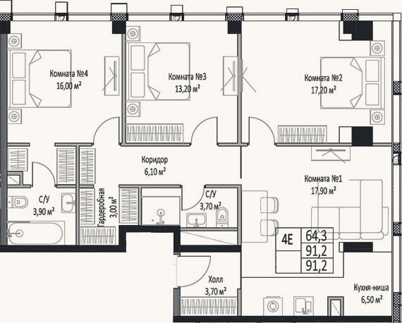Планировка: 4+ к, 91,2 м²