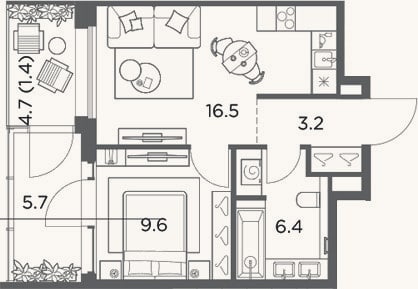 Планировка: 1-к, 35,7 м²