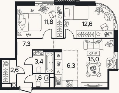 Планировка: 3-к, 60,5 м²