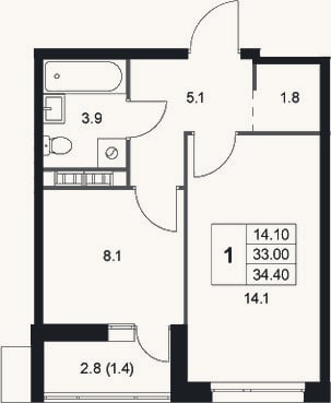 Планировка: 1-к, 33 м²