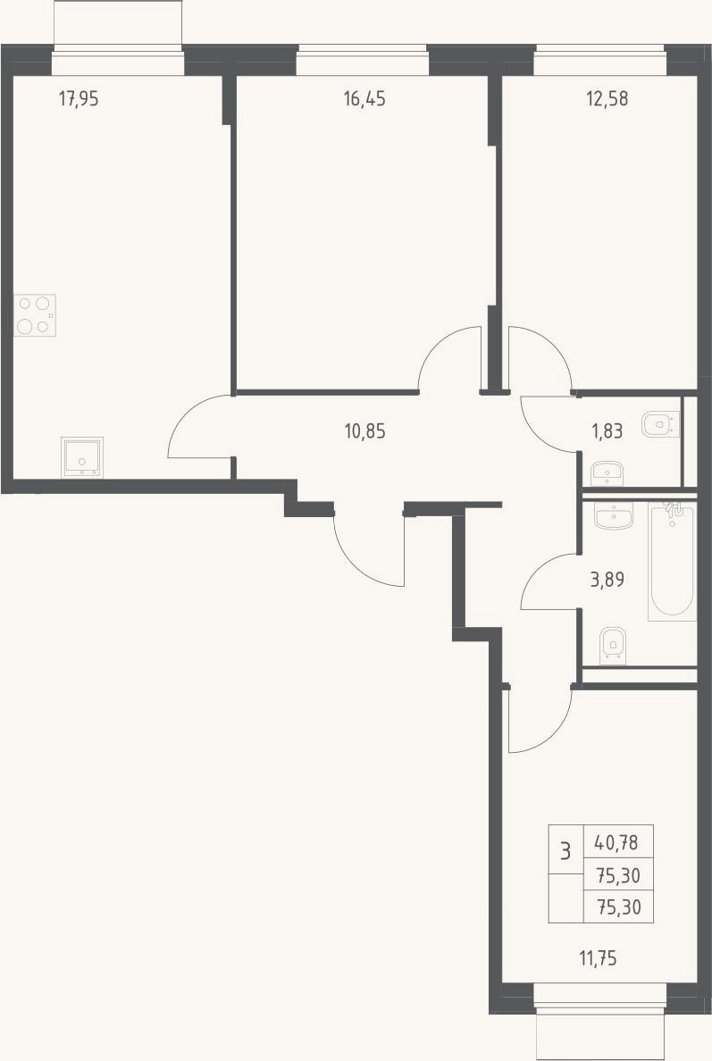 Планировка: 3-к, 75,3 м²