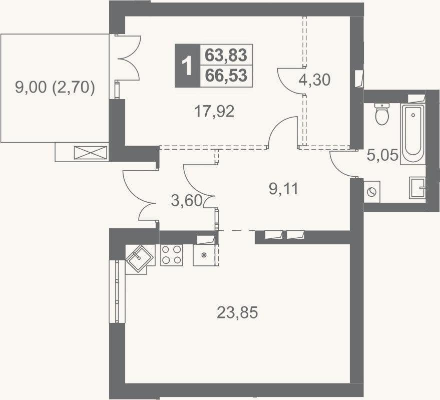 Планировка: 1-к, 63,8 м²
