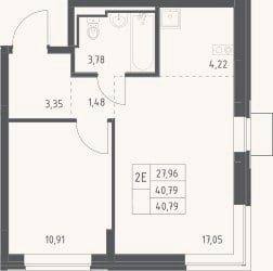 Планировка: 2-к, 40,8 м²