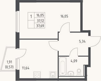 Планировка: 1-к, 37,1 м²