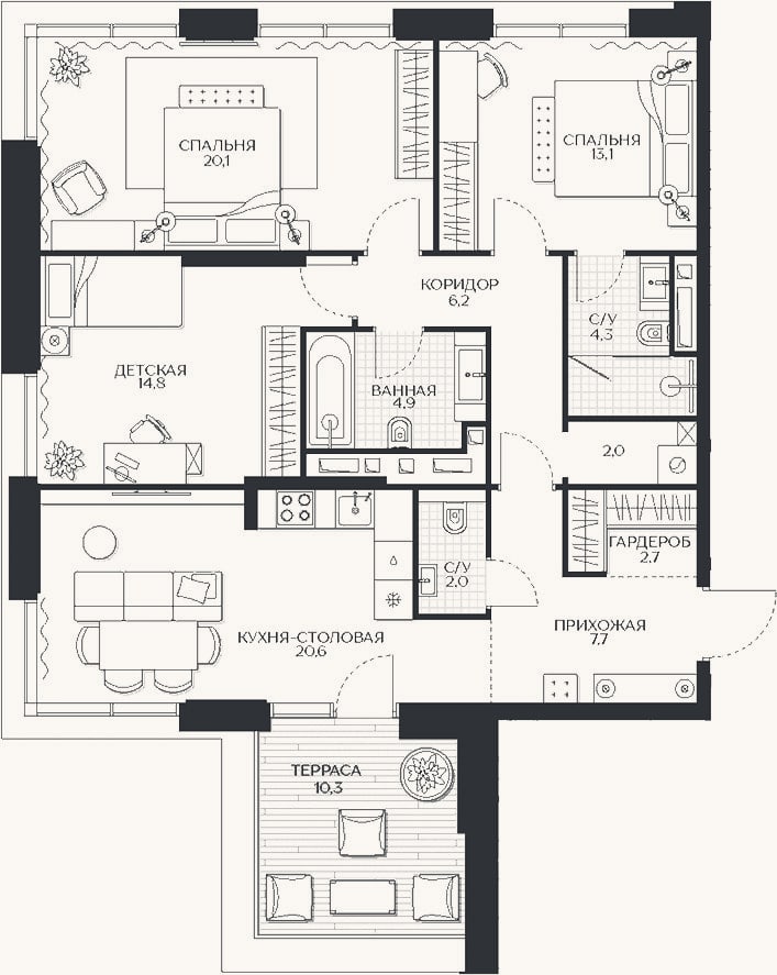Планировка: 3-к, 98,4 м²