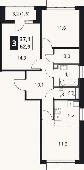 Планировка: 3-к, 61,3 м²