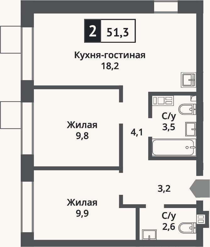 Планировка: 3-к, 51,3 м²