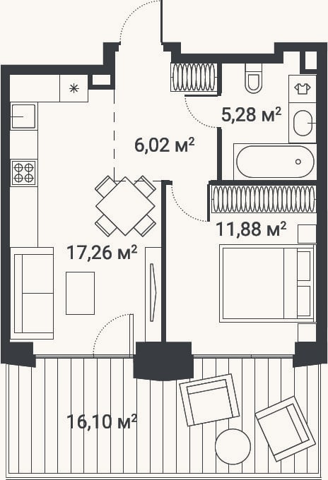 Планировка: 1-к, 39,1 м²
