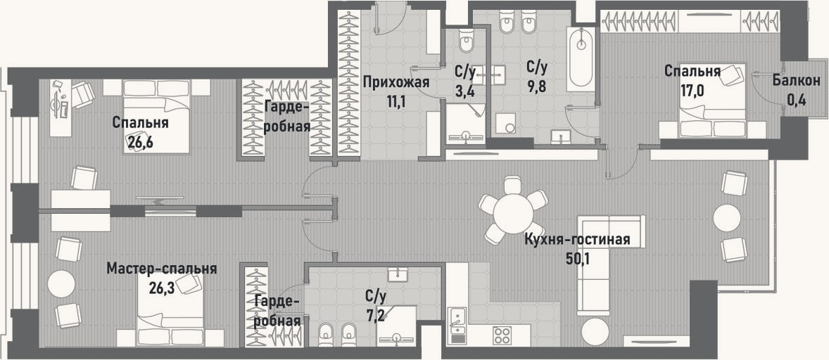 Планировка: 4+ к, 150 м²