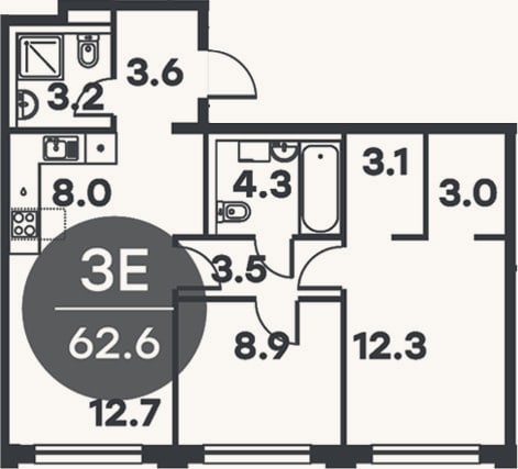 Планировка: 3-к, 62,6 м²