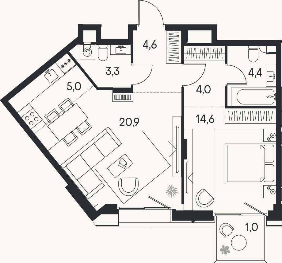 Планировка: 2-к, 56,8 м²