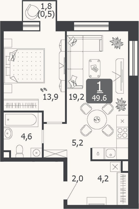 Планировка: 2-к, 49,1 м²
