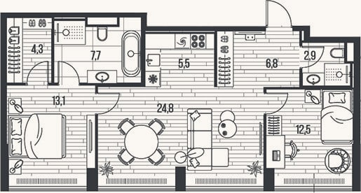 Планировка: 3-к, 77,7 м²