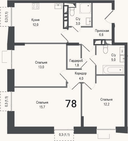 Планировка: 3-к, 73,3 м²
