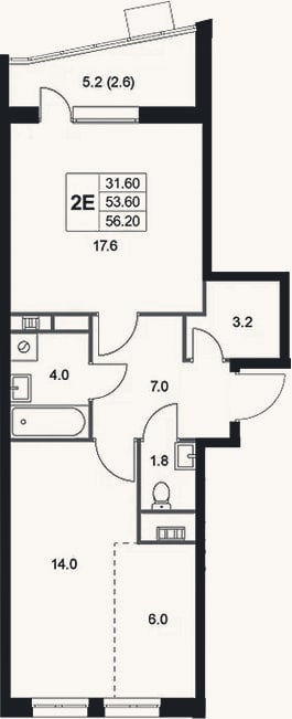 Планировка: 2-к, 53,6 м²