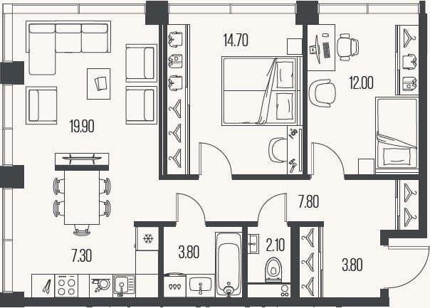 Планировка: 2-к, 71,4 м²