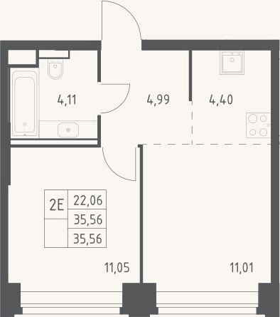 Планировка: 2-к, 35,6 м²