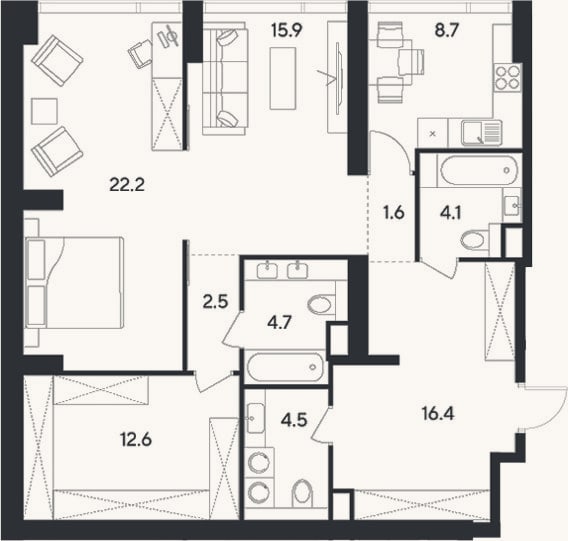 Планировка: 2-к, 93,2 м²