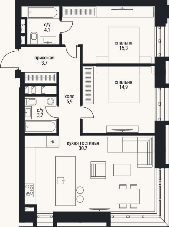 Планировка: 3-к, 78,9 м²