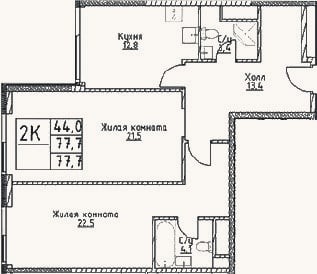 Планировка: 2-к, 77,7 м²