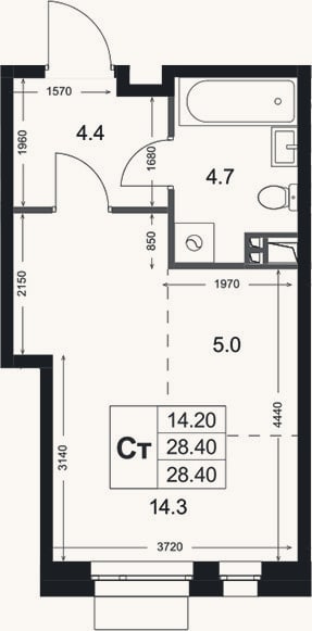 Планировка: Студия, 28,4 м²