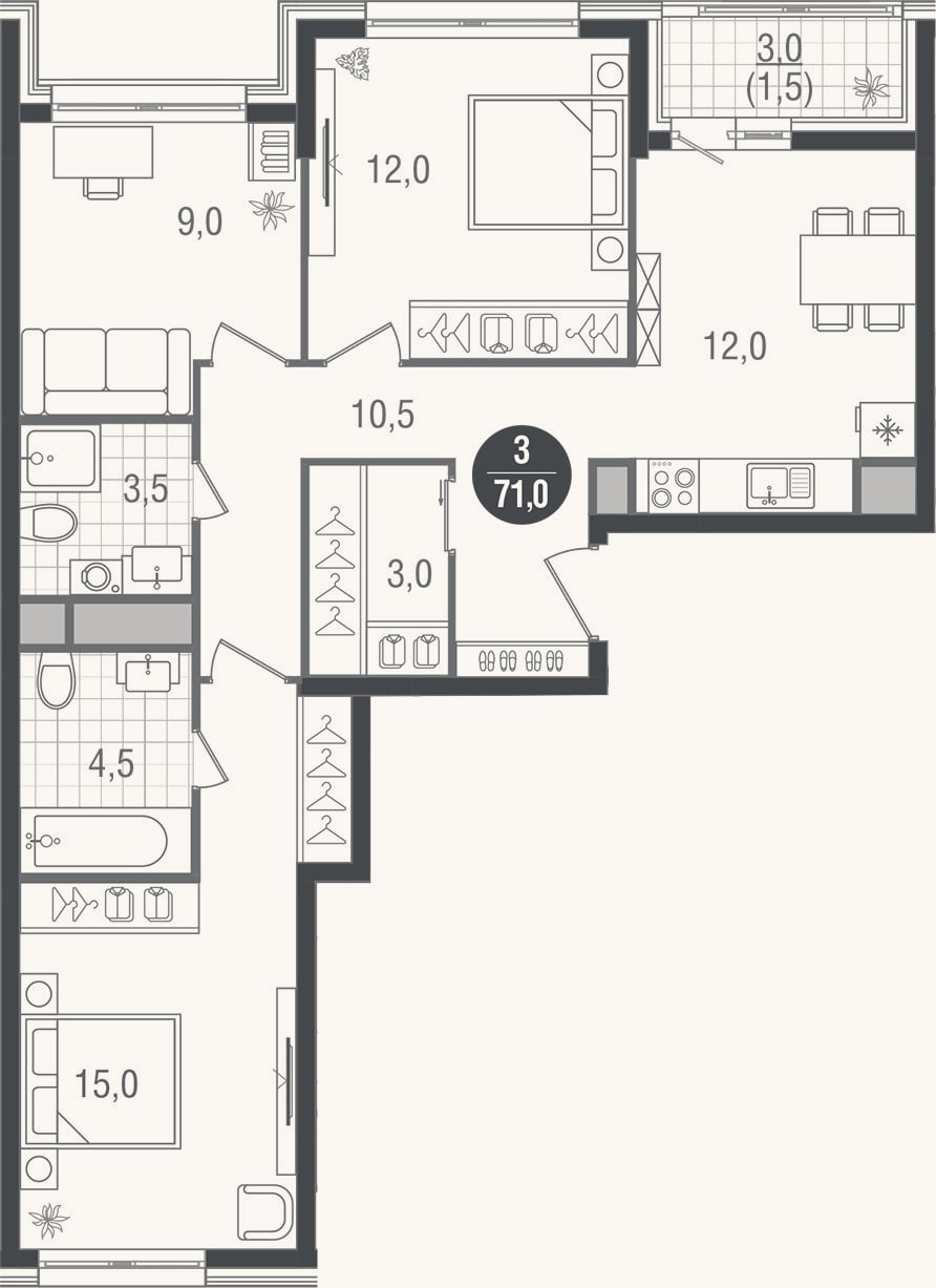 Планировка: 3-к, 69,5 м²