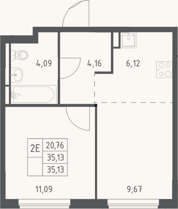 Планировка: 2-к, 35,1 м²